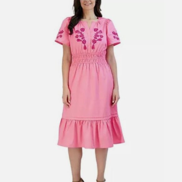 French Connection Cotton Embroidered Short Sleeve Dress, Pink - Size XXL - Picture 1 of 10